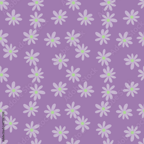 Small ditsy seamless pattern on lilac background. Cute chamomile print. Floral ornament.