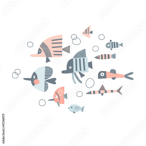 School of fish with water bubbles vector illustration isolated on white. Childish soft pastel colours ocean dwellers pre-made poster for coastal nursery. Marine life tee print design for kids apparel.