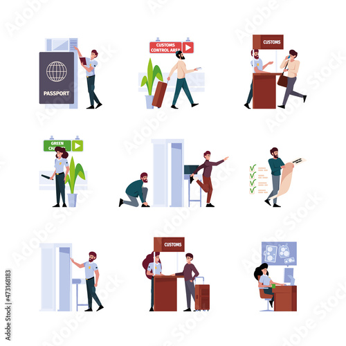 Customs control. Metal detector gate police airport officers scanners machines control checkpoint bags conveyor garish vector flat illustrations