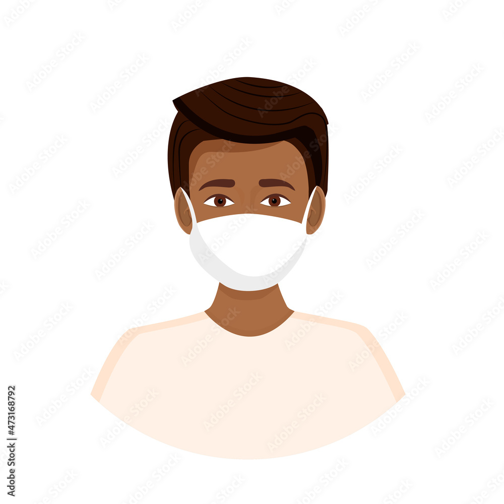 Avatar of an African American man wearing a mask to protect against coronavirus, flu, air pollution, viruses and disease. Portrait of a young guy. Vector illustration of a face. Avatar of an African American man wearing a mask to protect against coronavirus, flu, air pollution, viruses and disease. Portrait of a young guy. Vector illustration of a face.
