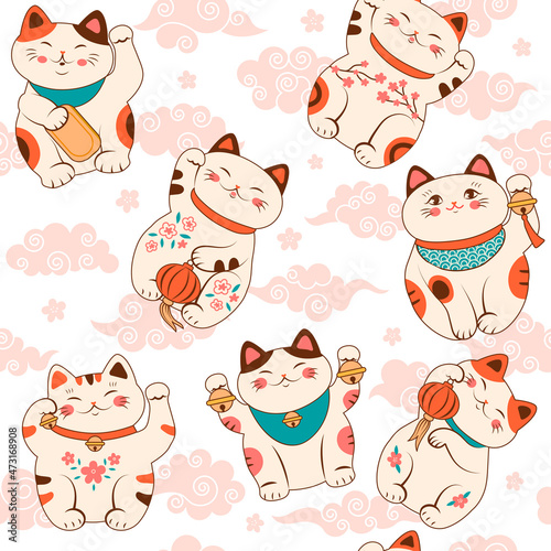 Asian cat pattern. Maneki neko character of fortune and lucky cheerful domestic animal recent vector seamless background