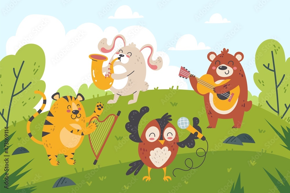 Animals musicians in forest. Funny cartoon characters play orchestra in green clearing, kids entertainment, wildlife concert, woodland creatures performance, vector isolated concept