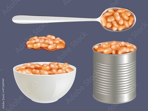 Canned beans. Tomato healthy products in steel containers baked foods decent vector beans fo fast eating realistic set