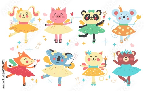 Fairy ballerinas animals. Funny girly dancers  little animals sorceresses  magic wands and wings  cute princesses in colorful dresses  ballet poses  childish vector cartoon isolated set