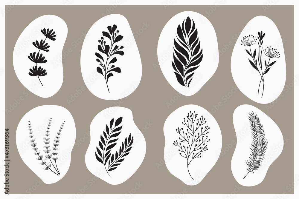 Set of creative minimalist hand-drawing illustrations with decorative branches, leaves, and abstract spots. For postcard, poster, poster, brochure, cover design. Vector illustration