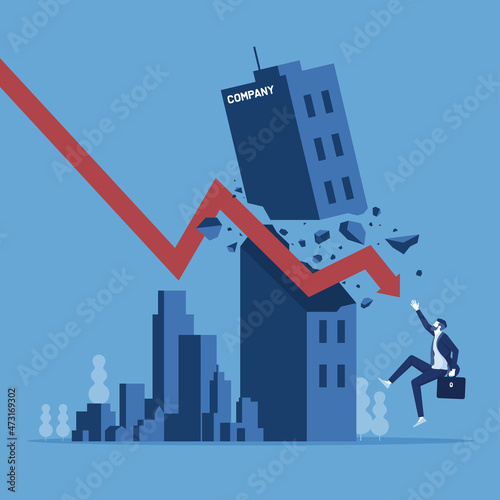 businessman looking at declining arrow breaking through the building, economy crisis attack company concept