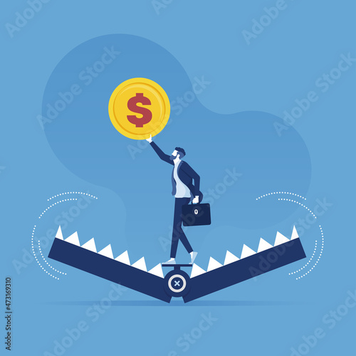 Business risks and fears concept, businessman standing being caught in mouse trap and holding dollar coin