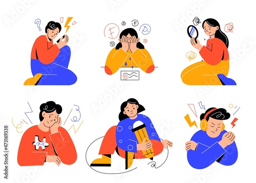 Teens problems. Teenage behavior, unhappy worried girls and boys, tense young people, negative sad emotions, mental distress, people feel depression, vector cartoon flat isolated set