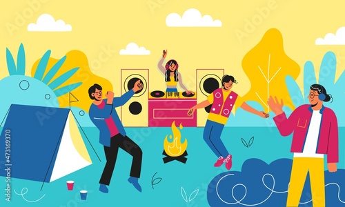 Open air dj party. Electro music outdoor event  camping park  danced and relaxed public  techno festival  people in nature  summertime vacation vector cartoon flat isolated concept