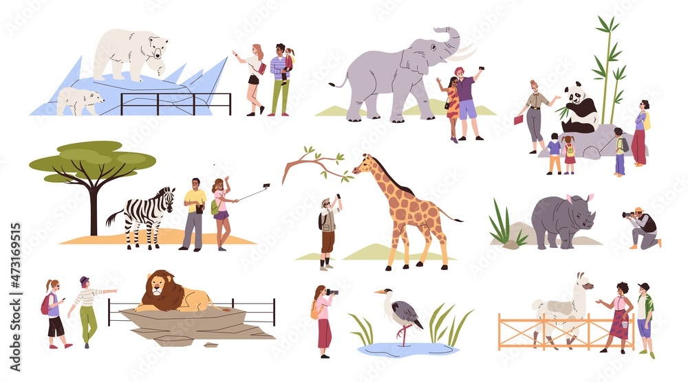 Fototapeta premium Zoo visitors. Wild exotic animals in aviaries, behind fences, people watching. Happy men, women and children walking together, educational family weekend, vector cartoon flat isolated set