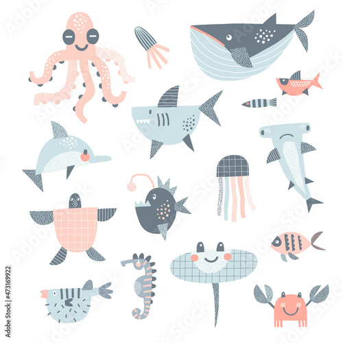 Octopus Shark Dolphin Whale Fish Stingray Seahorse vector clip-art set isolated on white. Childish cuts out sea creatures illustration collection. Underwater world design elements for kids tee print.