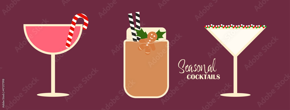 Set of winter seasonal drinks. Set of Christmas cocktails with decoration. Vector illustration. Set of winter seasonal drinks. Set of Christmas cocktails with decoration. Vector illustration.