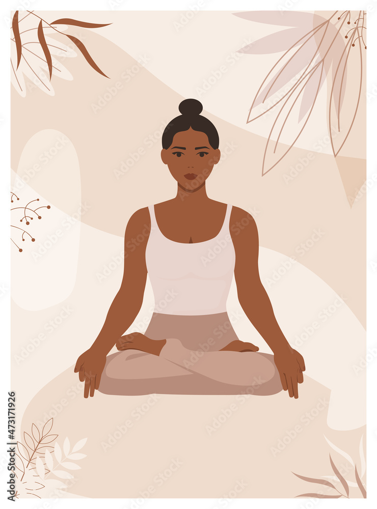 African American woman sits in lotus pose with floral abstract background. Beautiful poster with yogini. Young black female in padmasana pose. Vector illustration.