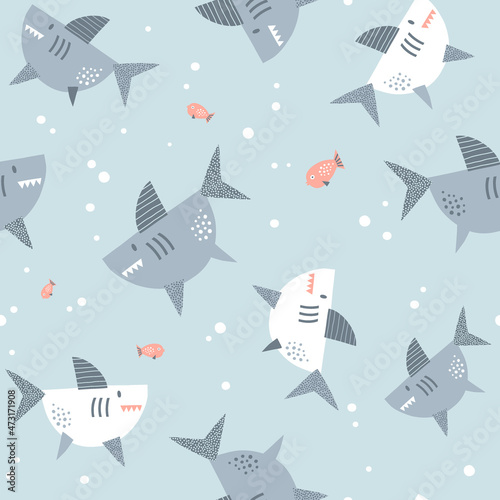 Pastel colours Papercut Shark and Fish Water bubbles vector seamless pattern. Under the sea life background. Scandinavian decorative childish surface design for nautical nursery and navy kids fabric.