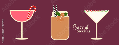 Set of winter seasonal drinks. Set of Christmas cocktails with decoration. Vector illustration.