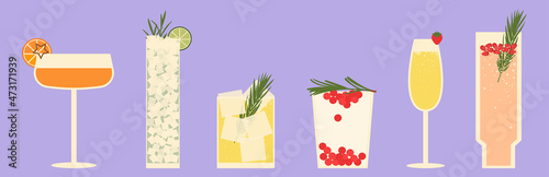 Set of cocktails. Illustration of festive drinks in different types of glasses with decoration. Banner with soft and alcohol drinks. Vector illustration.