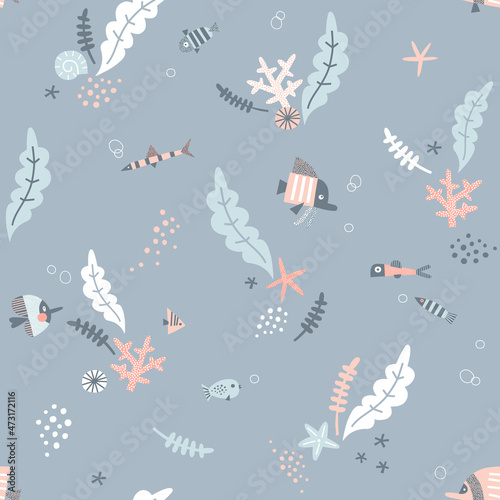 Pastel colours Fish Seaweed Coral Shell in the ocean vector seamless pattern. Whimsy underwater world background. Scandinavian decorative childish surface design for nautical nursery navy kids fabric.