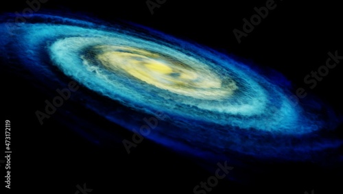 3D galaxy cloud art in blue and yellow