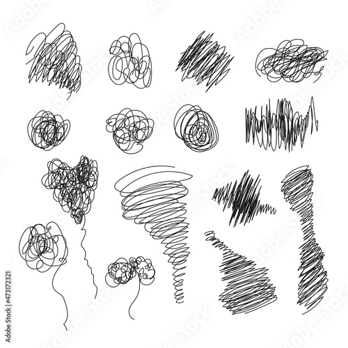 Tangled rough lines, different shapes. A vector set isolated on a white background.