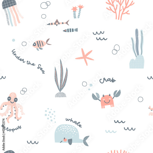 Marine Animals Fish Jellyfish Seaweed Octopus Whale Crab vector seamless pattern. Under the sea text. Underwater world background. Scandinavian decorative childish print for nautical navy kids fabric.