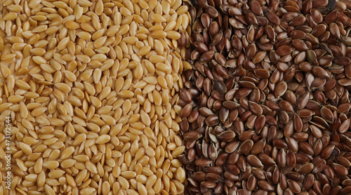 The texture of two varieties of flax seeds - golden and brown. Natural background.