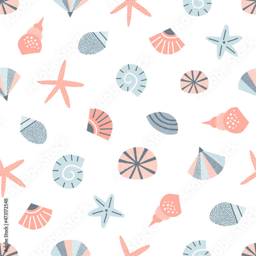 Pastel colours Sea shell Conch Starfish vector seamless pattern. Abstract cockleshells marine life background. Scandinavian decorative childish surface design for nautical nursery navy kids fabric.
