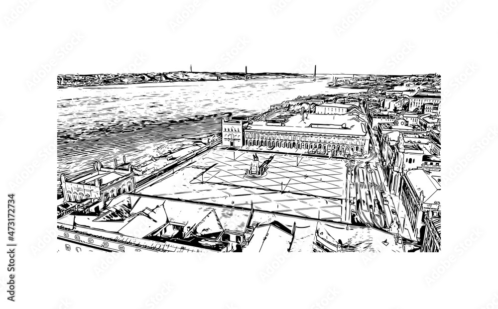 Building view with landmark of Lisbon is the 
capital of Portugal. Hand drawn sketch illustration in vector.