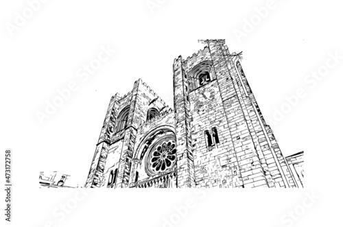 Building view with landmark of Lisbon is the capital of Portugal. Hand drawn sketch illustration in vector.