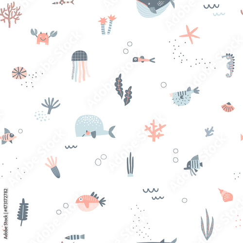 Pastel colours Under the sea life vector seamless pattern. Seahorse Whale Blowfish Jellyfish Seaweed Coral background. Scandinavian decorative childish design for nautical nursery navy kids fabric.