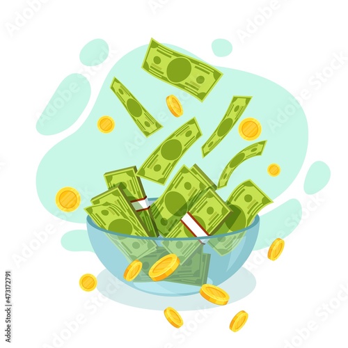 Financial drain. Losing profit. Coins falling besides bowl. Plate with banknotes. Economic crises or failures. Leaked finance. Loss of earnings or savings. Income recession. Vector concept