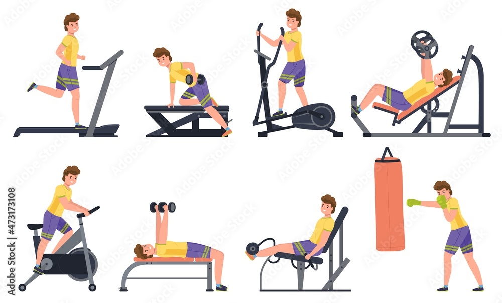 Man at gym. Jock guy engaged sports simulators. Isolated sportsman doing bodybuilding and fitness exercises. Healthy lifestyle. Muscle training. Vector male character activities set