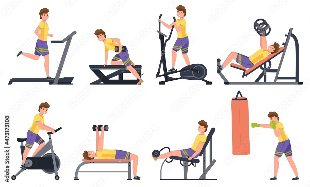 Man at gym. Jock guy engaged sports simulators. Isolated sportsman doing bodybuilding and fitness exercises. Healthy lifestyle. Muscle training. Vector male character activities set Man at gym. Jock guy engaged sports simulators. Isolated sportsman doing bodybuilding and fitness exercises. Healthy lifestyle. Muscle training. Vector male character activities set