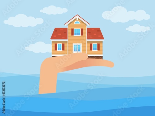 Insurance. Protection of real estate from natural disasters. Insure property against flooding. Hand holding building above water. Save house from cataclysm. Vector risks prevention