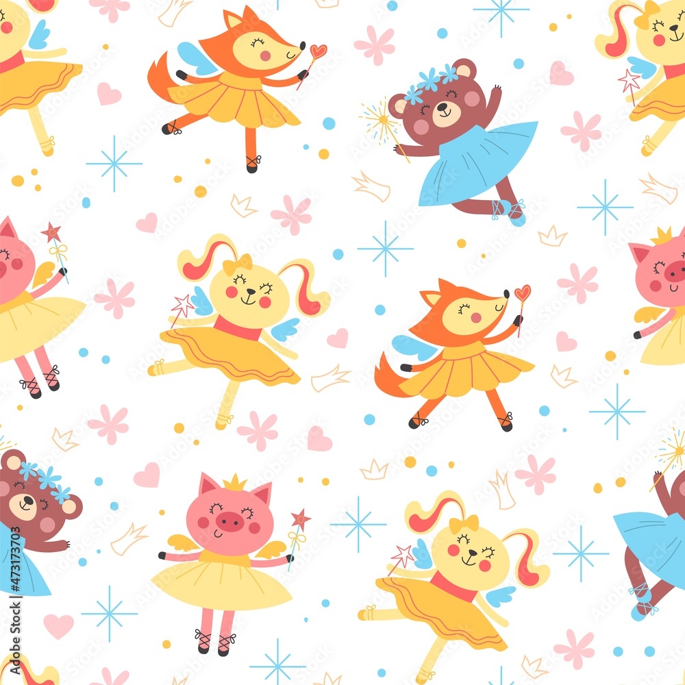 Naklejka premium Seamless ballerina animals. Dancing little fairies with magic wands. Cartoon background design. Kids print with girly ballet elements. Princess in tutu dress and pointe. Vector pattern