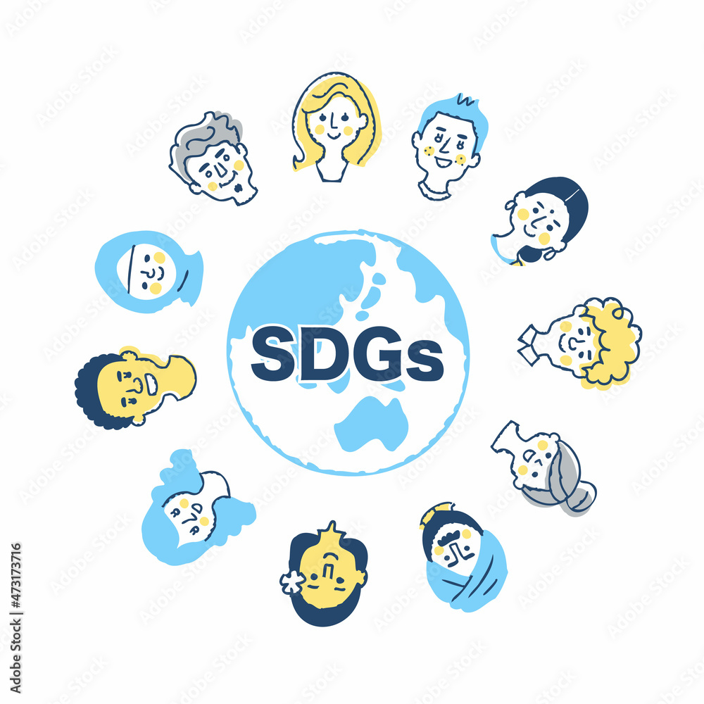 SDGs イメージ 地球とさまざまな人種の顔 SDGs イメージ 地球とさまざまな人種の顔