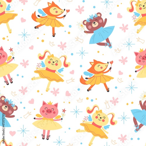 Seamless ballerina animals. Dancing little fairies with magic wands. Cartoon background design. Kids print with girly ballet elements. Princess in tutu dress and pointe. Vector pattern