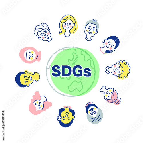 SDGs イメージ　地球とさまざまな人種の顔
