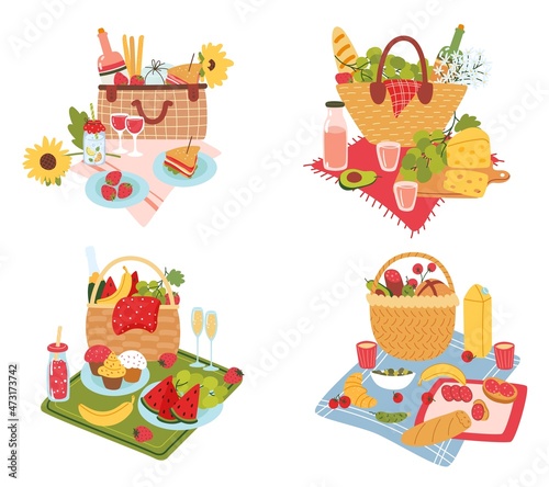 Picnic baskets compositions. Outdoor dining serving. Romantic wicker containers and blankets with lunch food. Park snacks on grass. Plates or glasses on tablecloth. Vector meal bags set