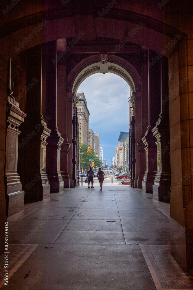 Philadelphia, Pennsylvania, USA - August 20 2021: N Broad St. view from Philadelphia city hall. Philadelphia, Pennsylvania, USA - August 20 2021: N Broad St. view from Philadelphia city hall.