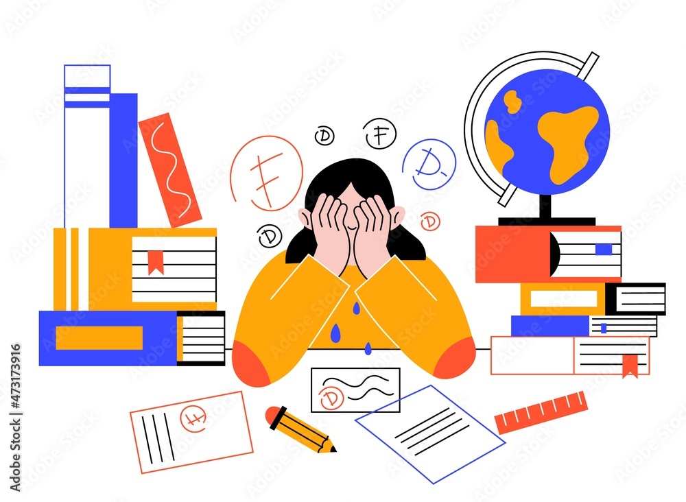 Teens problems. Unhappy student at lessons. Information excessive amount. Stressed girl with books piles and notes. Child doing homework. Poor school grades. Kids troubles. Vector concept