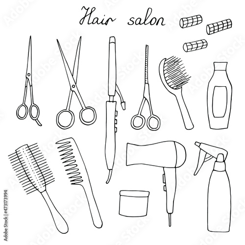 Hair salon set vector illustration, hand drawing doodle