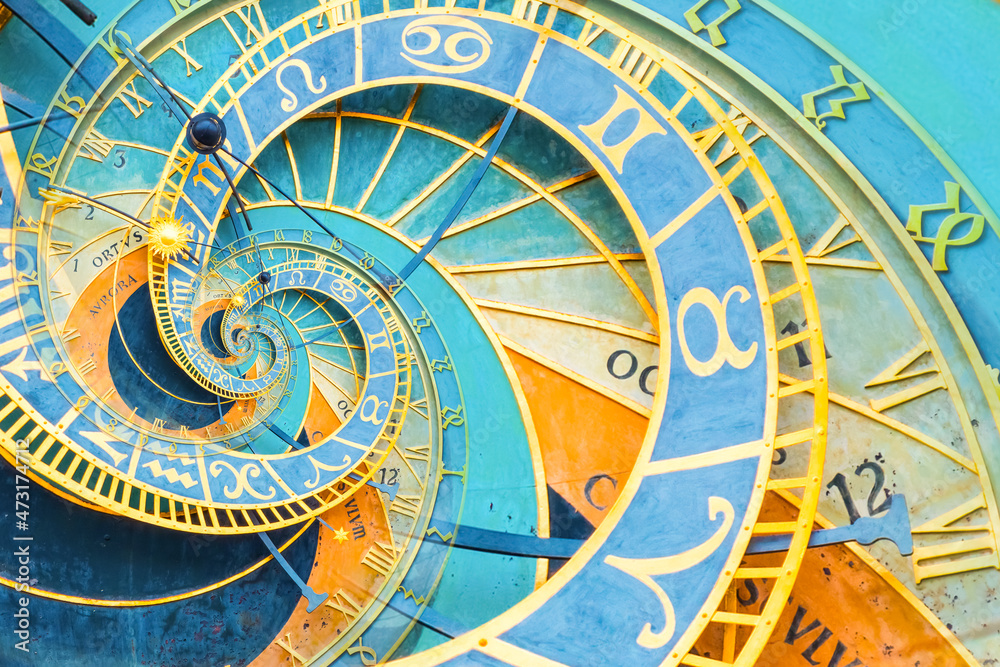 Droste effect background based on Prague astronomical clock. Abstract design for concepts related to astrology and fantasy.