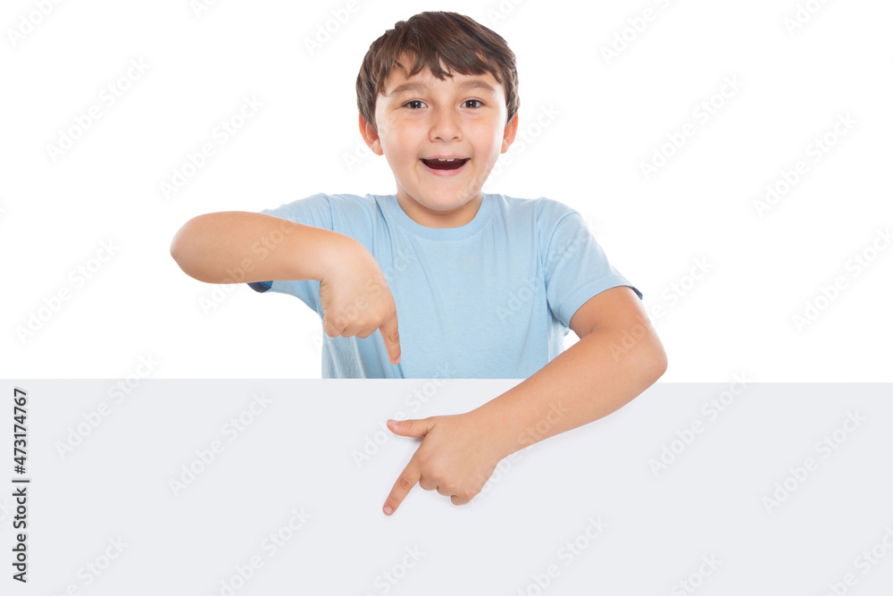Child kid showing pointing on empty blank sign copyspace copy space marketing ad advert isolated on white Child kid showing pointing on empty blank sign copyspace copy space marketing ad advert isolated on white