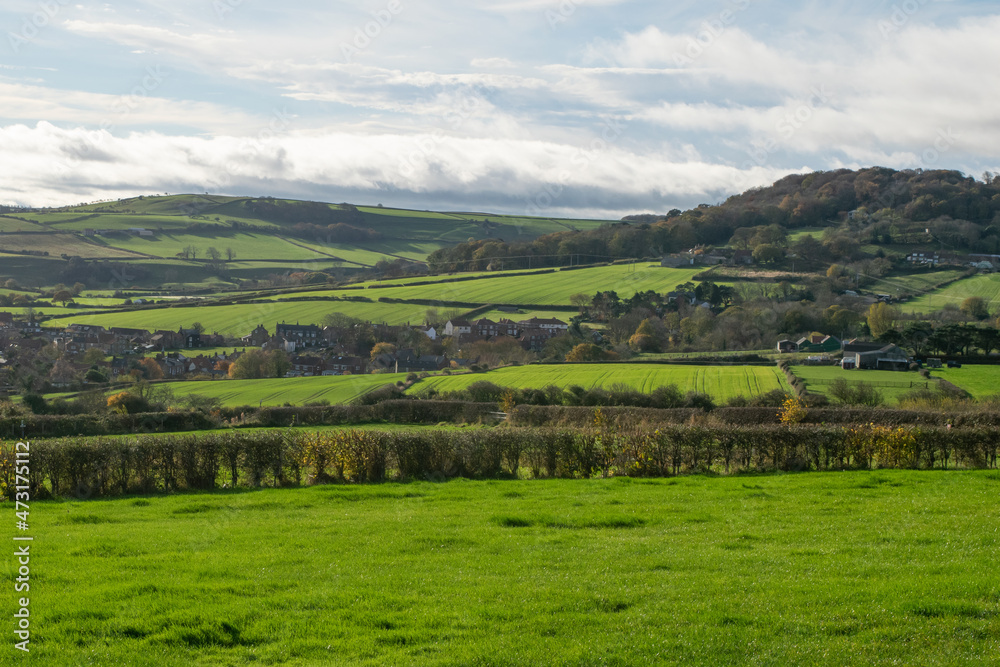 Green agriculture fields outside Robin Hood's Bay at North Yorkshire England