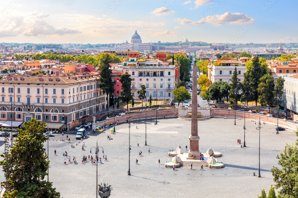 View on he Egyptian Obelisk and fountains in Piazza del Popolo, Rome, Italy