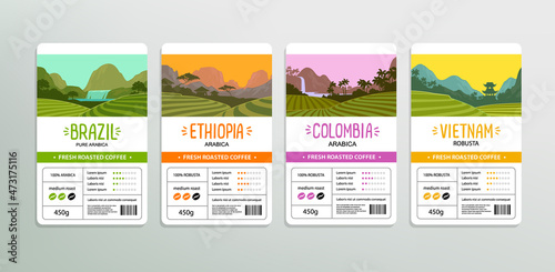 Obraz na plátně Coffee brand identity set of sticker or label design with plantations and fields landscapes - vector template