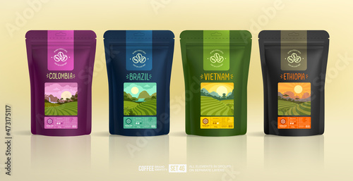 Coffee Star brand identity with logo design on food zip-package mock-ups - vector template. Coffee collection from Brazil, Colombia, Vietnam label brand design. Stand-up foil or paper pouch design photo
