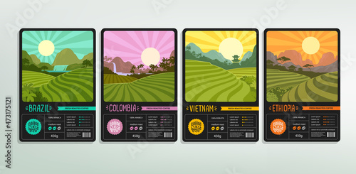 Coffee Soul brand identity with lettering logo and label design - vintage style vector template. Coffee or tea plantations and fields landscapes. Rainforest and mountain valley with sunrise