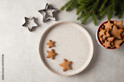 Christmas gingerbread cookies on the plate. Snowflake