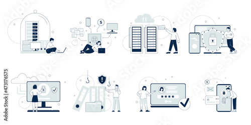 Data protection. Cyber development, database engineer and finance protect. Personal or business information saving, internet privacy recent vector scenes